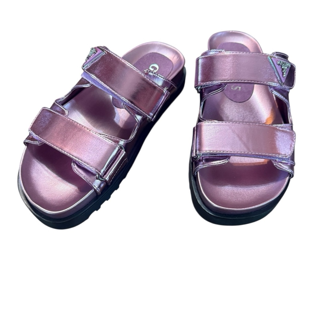 GUESS Fabula Lug-Sole Logo Footbed Sandals Slip On Metallic Pink NEW Size 5 - Picture 5 of 10